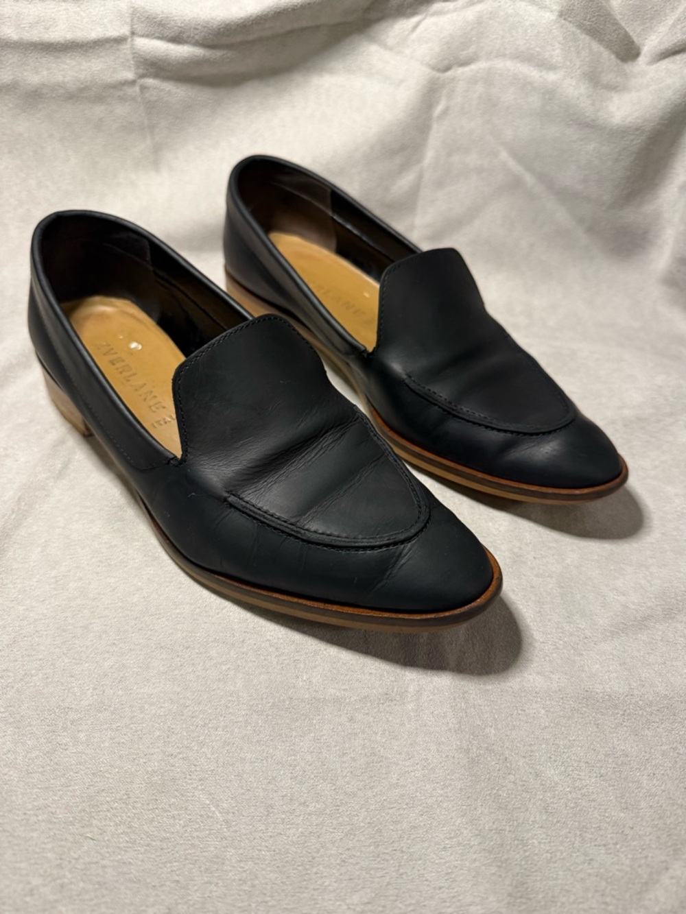 Everlane Black Leather Penny Loafers with Tan Outsole